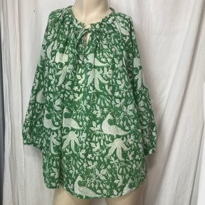 Sohana green white bohemian blouse birds extra large cotton